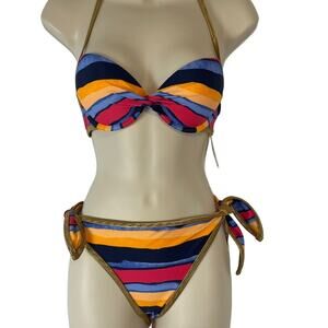 Aerie Bikini Striped Metallic Trim Push-up Top 36A Side Tie Bottom Large NWT